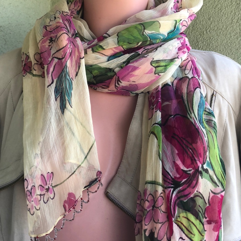 Scarf and wrap fabric crinkles of shear chiffon with floral dressing